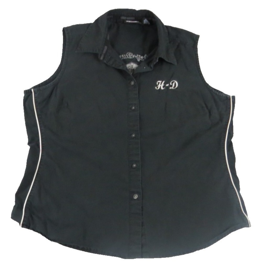 Harley Davidson VTG 00s Y2K Sleeveless Button Up Blouse Women XL Black Eagle Top